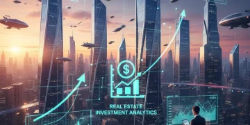 Futuristic city skyline with data overlays representing real estate investment trends and 2026 appreciation forecasts.