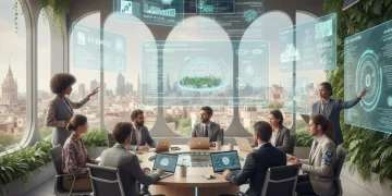 Profesionales diversos colaborando en un entorno de trabajo futurista en España, con tecnología avanzada y sostenibilidad.