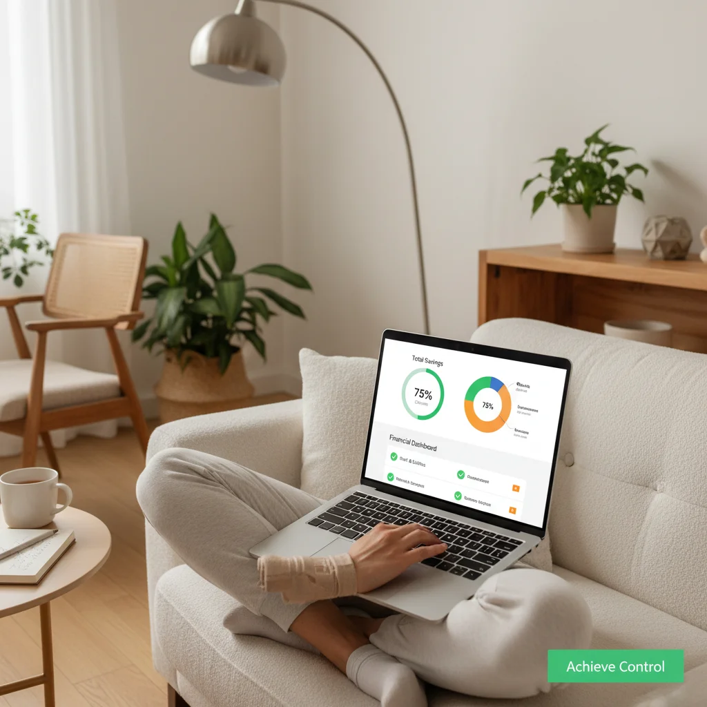 Persona gestionando finanzas personales en un portátil desde casa.