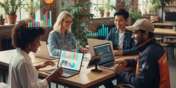 Diverse freelancers managing finances on laptops, representing gig economy tax strategies for 2026.