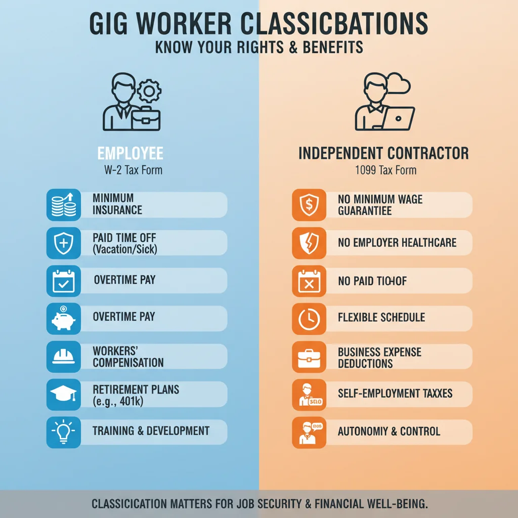 Infographic showing gig worker classification benefits: employee vs. independent contractor.