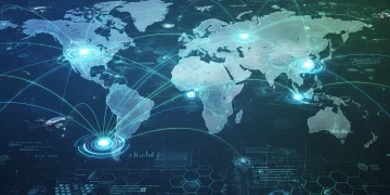 Global supply chain network with digital overlays representing data and secure connections, symbolizing resilience and efficiency.