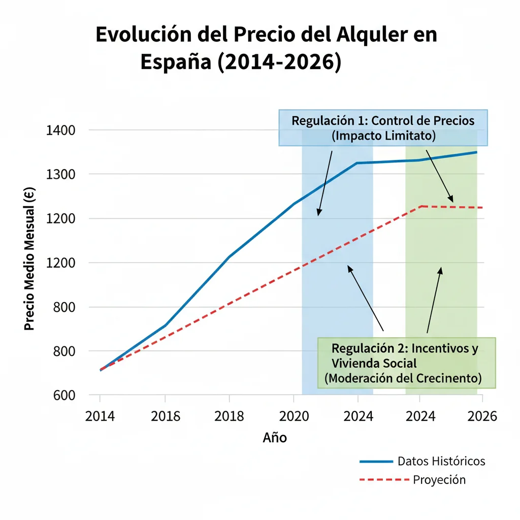 Gráfico de la evolución de los precios del alquiler en España y proyecciones hasta 2026.