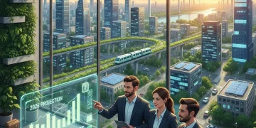 Illustration of green technologies powering a city with financial growth projections