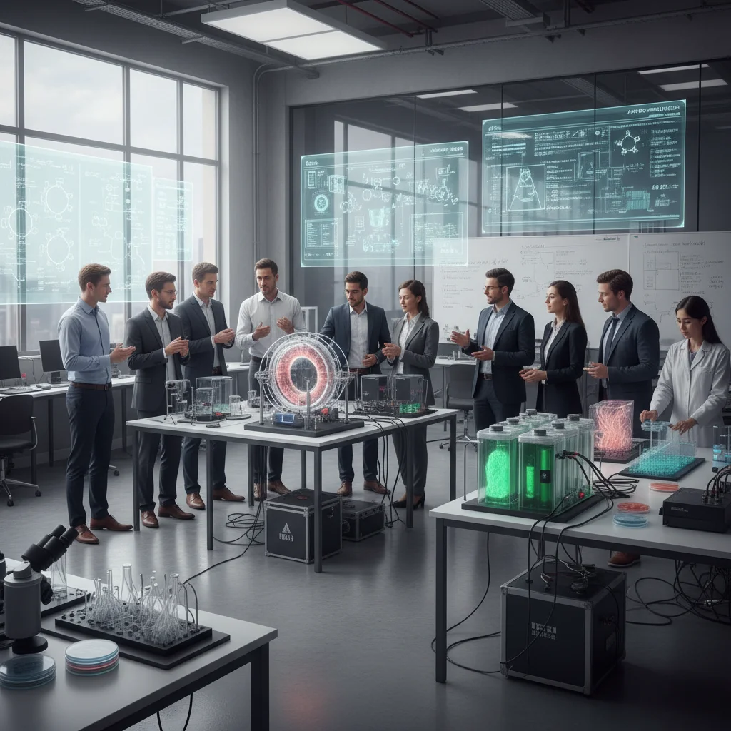 Scientists and engineers collaborating on green technology innovations in a lab