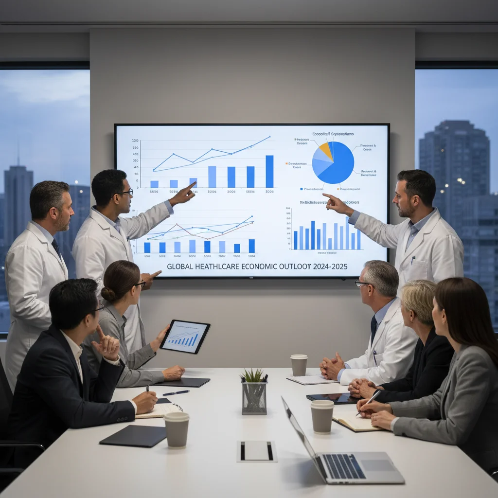 Healthcare professionals analyzing economic data on medical expenditures and forecasts