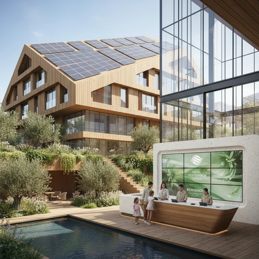 Hotel ecológico y moderno en España, representando la sostenibilidad turística.