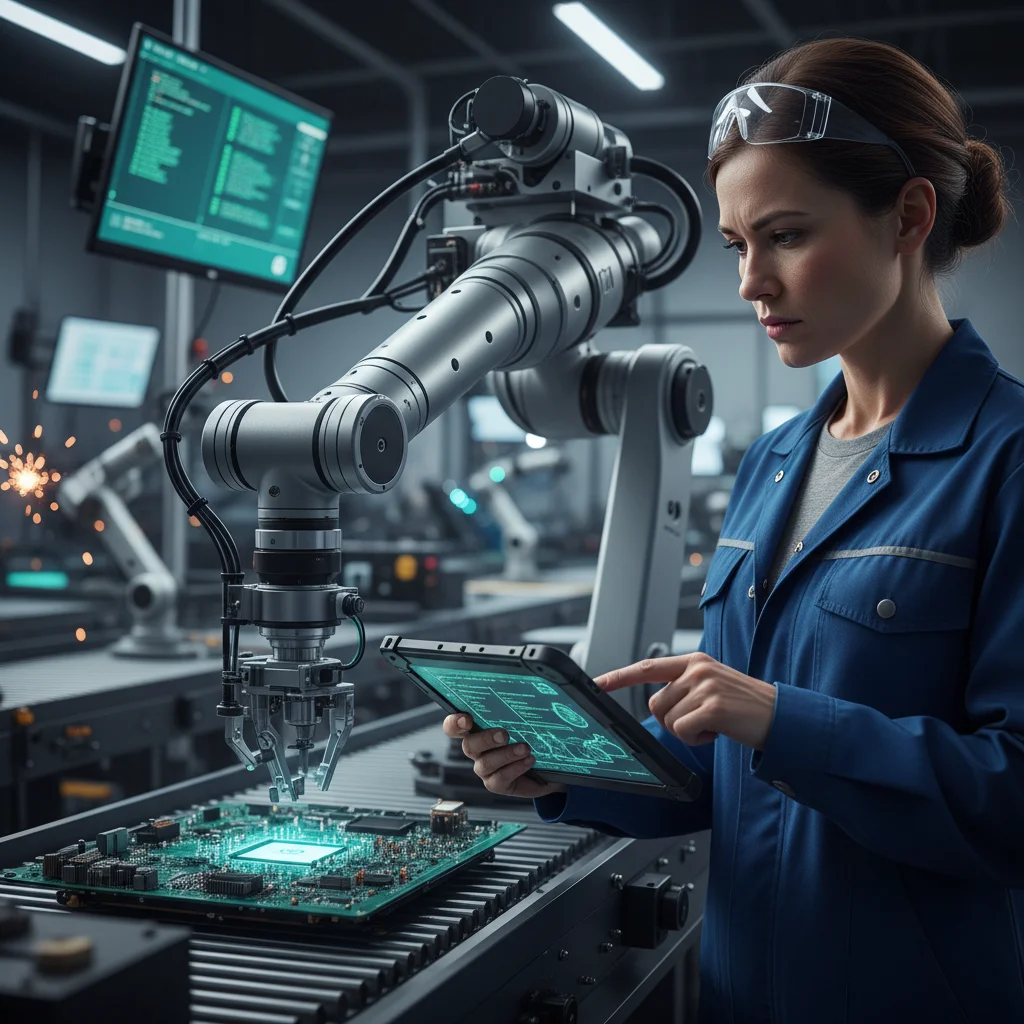 Human engineer collaborating with a robotic arm in an automated factory