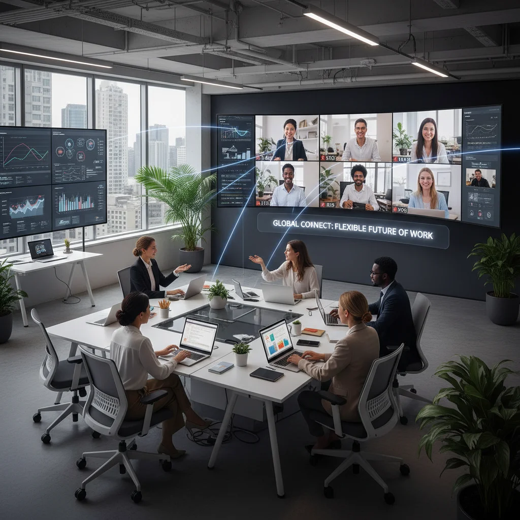 Hybrid work environment with diverse professionals collaborating digitally