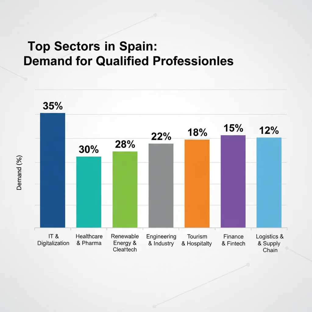 Infographic showing top in-demand sectors in Spain for skilled professionals.