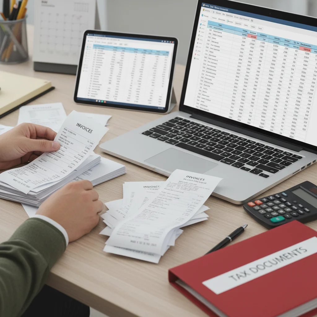 Hands organizing receipts and invoices, demonstrating diligent income and expense tracking for tax purposes.