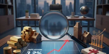Financial assets under magnifying glass, symbolizing inflation-proof portfolio strategies for 2026 economic climate with 3.2% inflation.