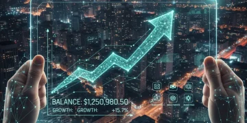 Interfaz de banca digital futurista en una tablet mostrando datos financieros.
