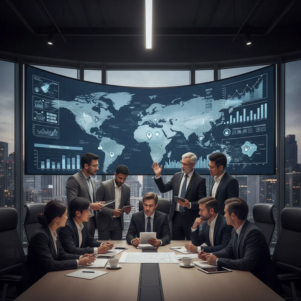 Investors analyzing real estate market data and discussing investment strategies for emerging markets.