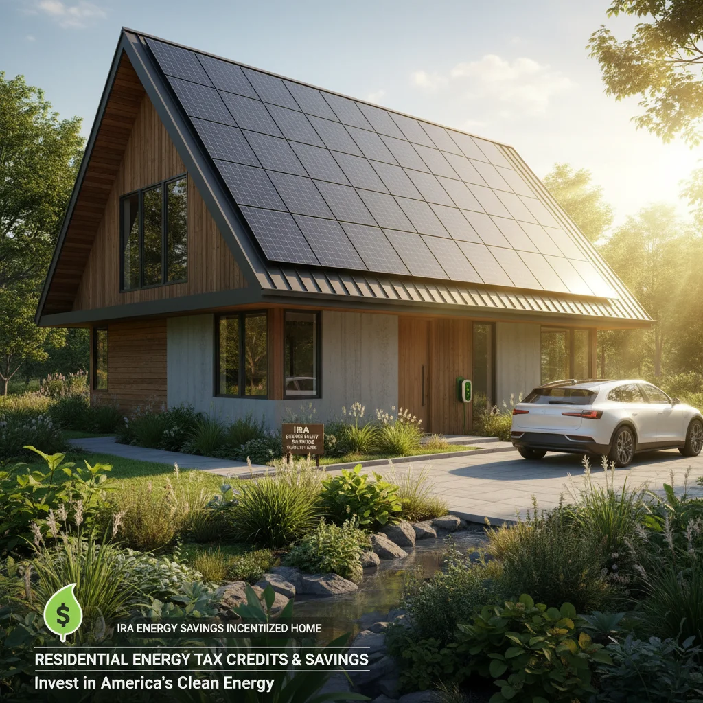Solar-paneled home with electric car, symbolizing energy efficiency and IRA tax credits.