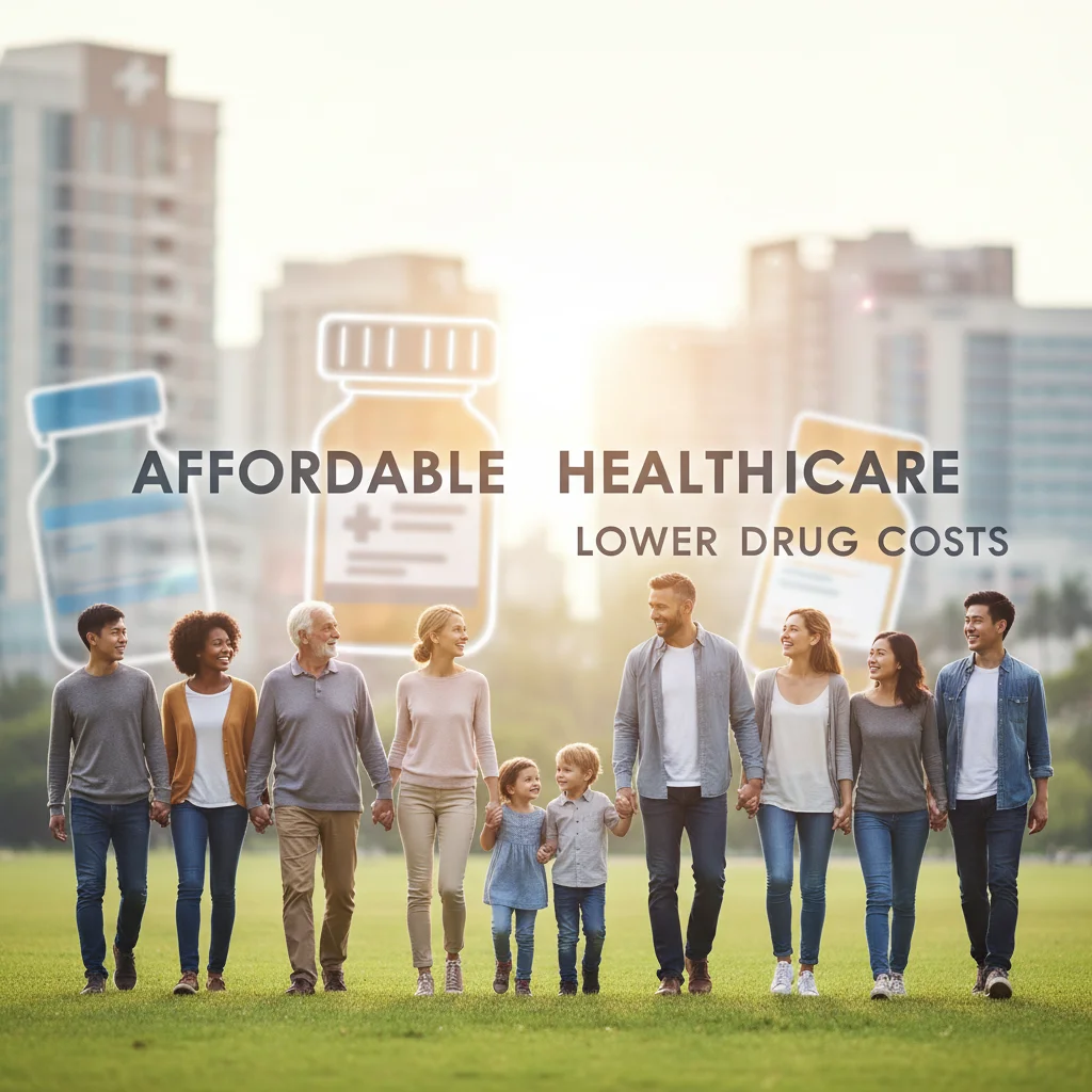 Diverse group smiling, with blurred medical background, representing affordable healthcare and IRA benefits.