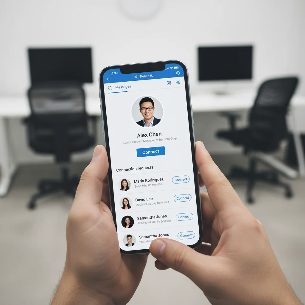 Hands holding a smartphone displaying a LinkedIn profile, illustrating digital professional networking.