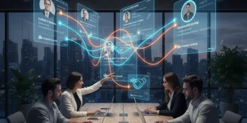 Professionals optimizing their LinkedIn profiles on various devices in a modern office setting.