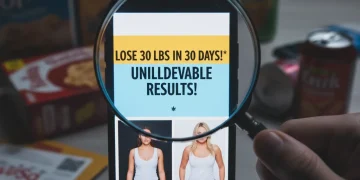 Magnifying glass scrutinizing a false advertising claim on a smartphone screen, symbolizing consumer vigilance.