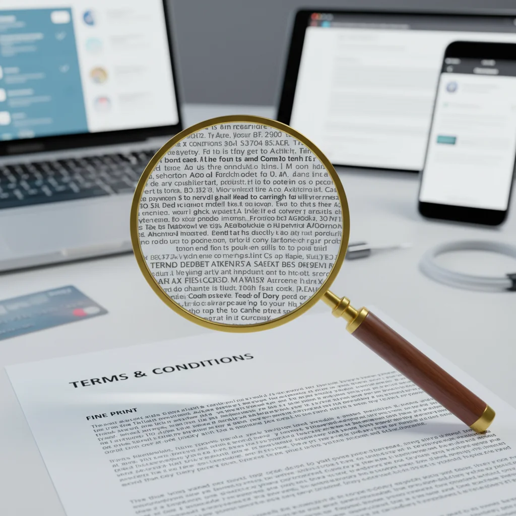 Magnifying glass over subscription contract fine print, symbolizing hidden terms.