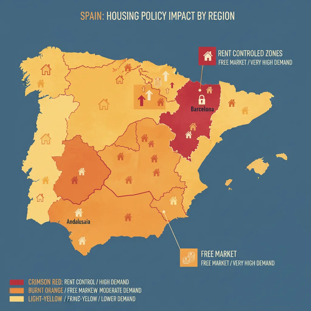 Mapa de España con zonas afectadas por políticas de vivienda y control de alquileres.