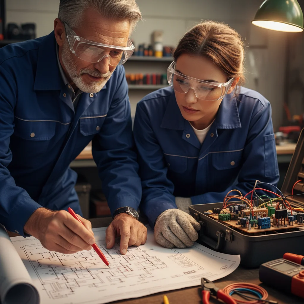 Experienced mentor guiding an electrical apprentice through wiring diagrams and practical installation.