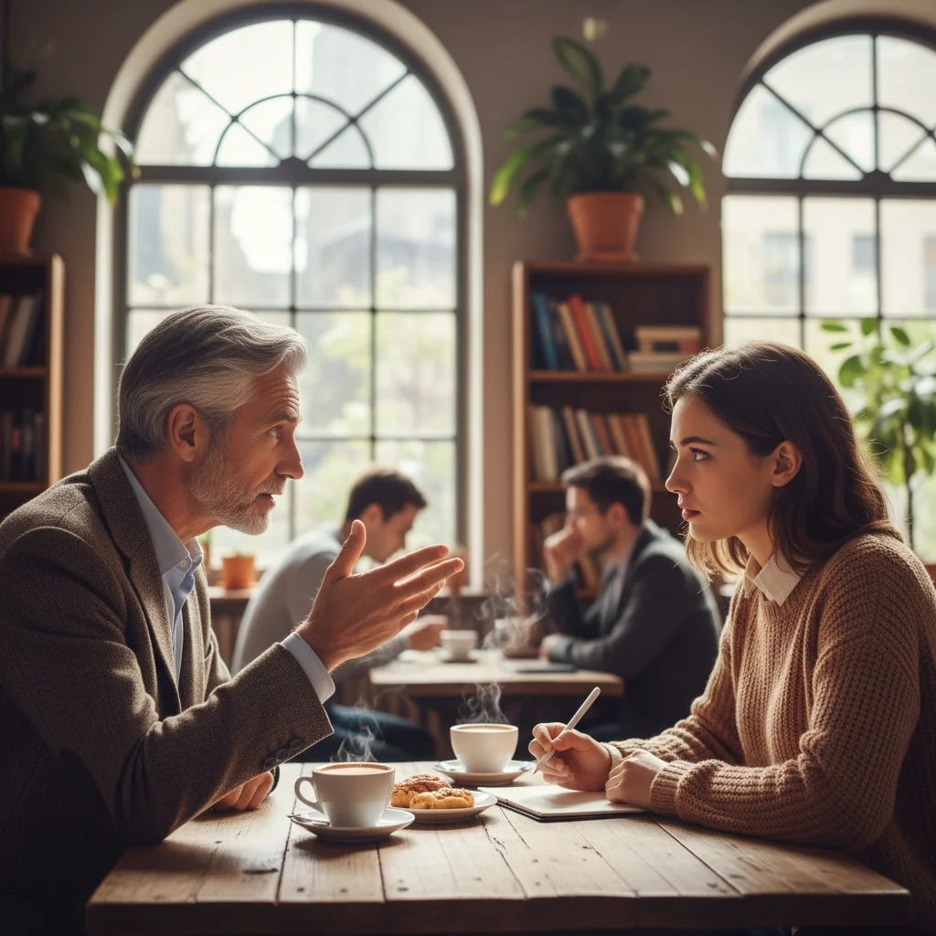 Mentor and mentee engaged in a focused discussion over coffee, symbolizing professional guidance.