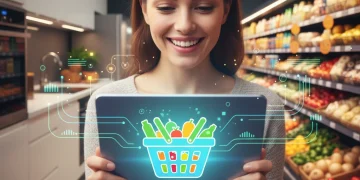 Mujer feliz comprando alimentos online en su tablet, con un carrito de la compra virtual.