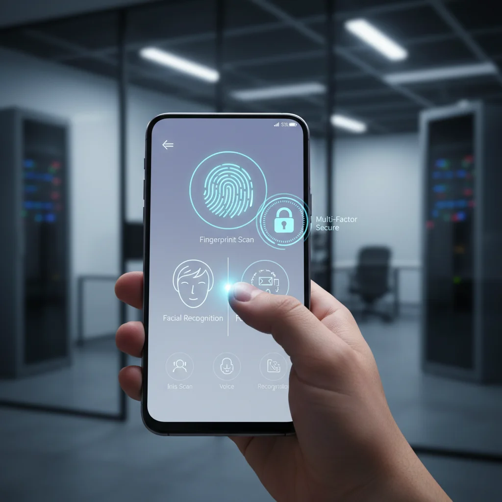 Multi-factor authentication on a smartphone with fingerprint and facial recognition for enhanced online security.