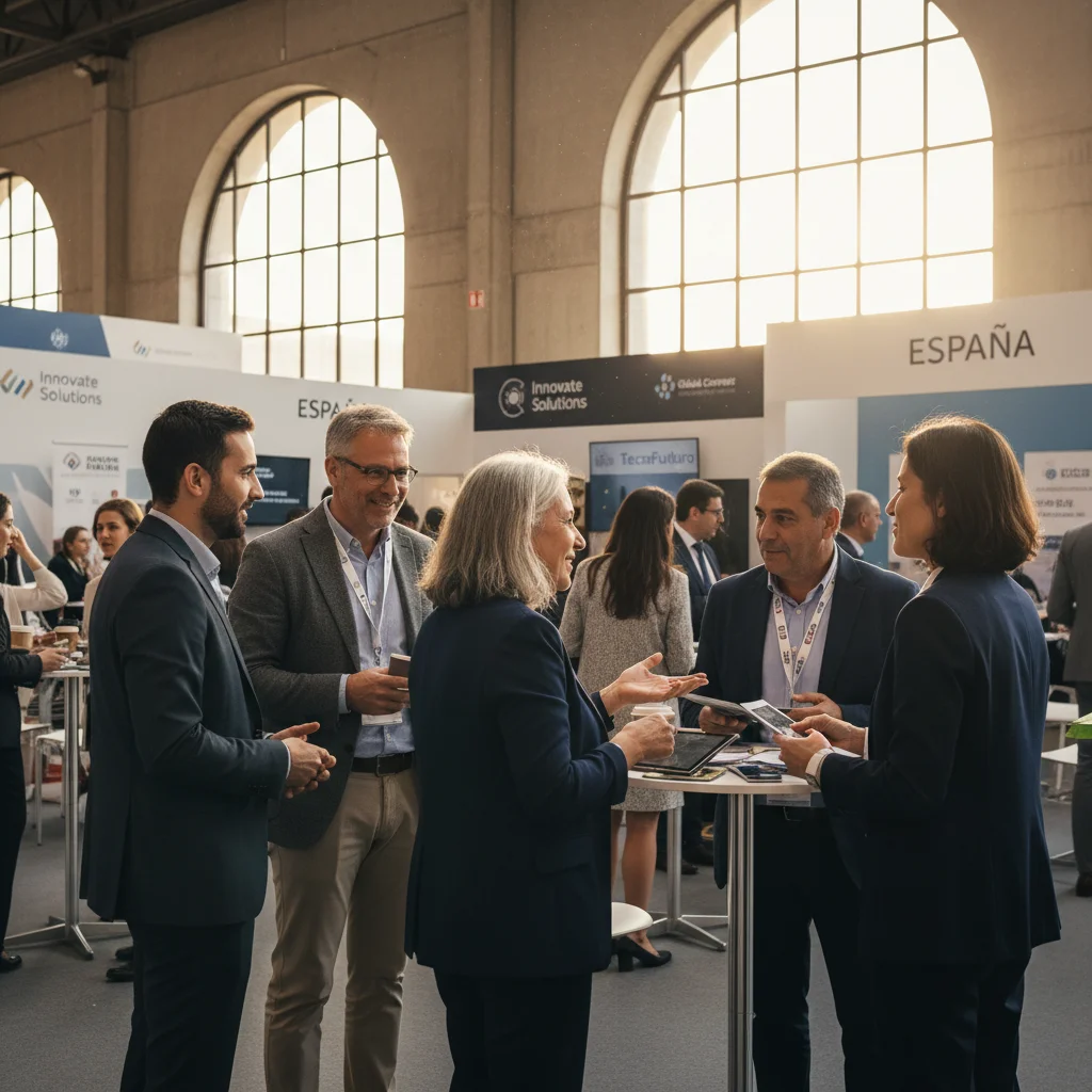 Experienced professionals networking at a career fair in Spain, seeking new employment opportunities.