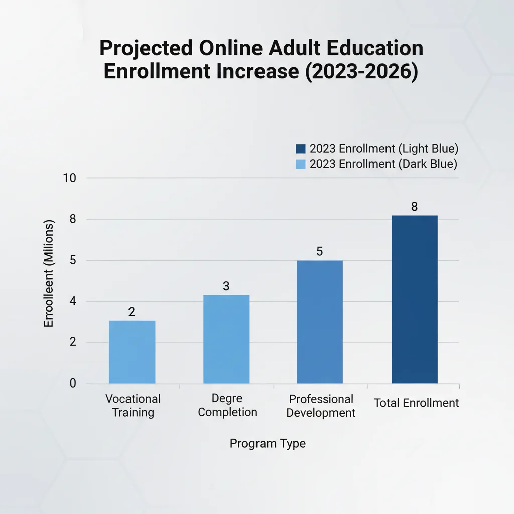 Bar graph illustrating projected growth in online adult education enrollment across various program types.