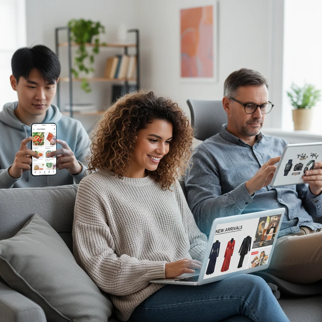 Diverse consumers shopping online across multiple devices, illustrating e-commerce penetration