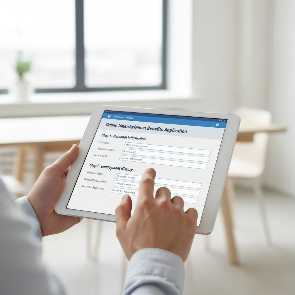 Person completing an online unemployment benefits application form on a tablet.