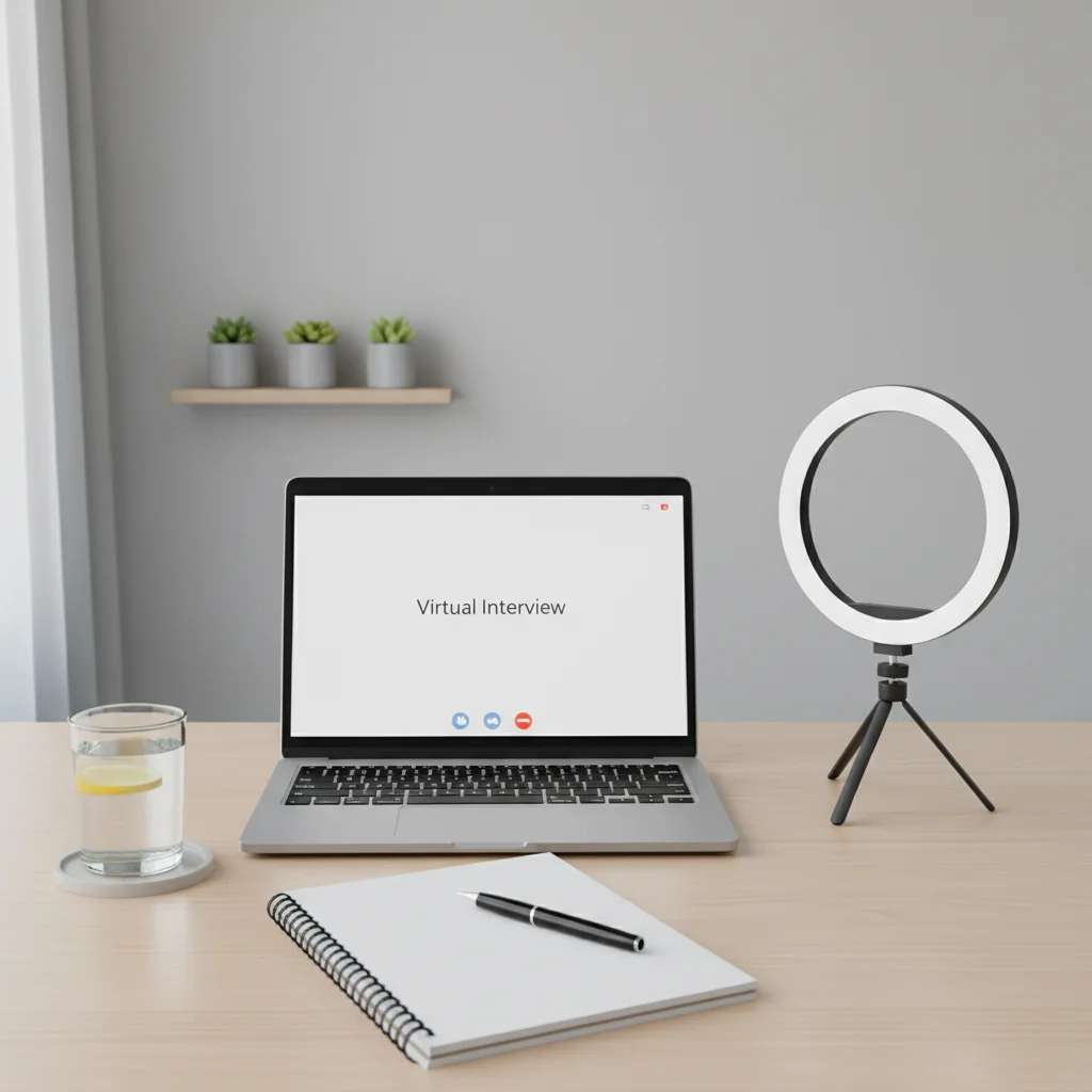 Optimized virtual interview setup with laptop, ring light, and notepad