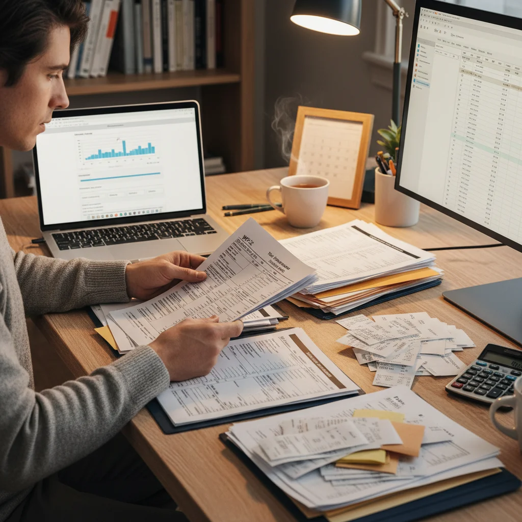 Person organizing tax documents and receipts for accurate tax filing