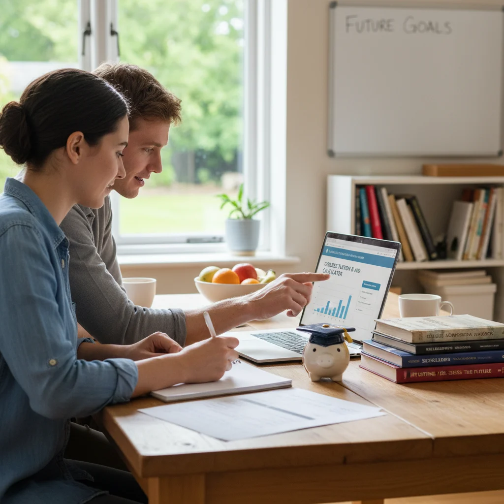 Parent and child planning college finances with a laptop and piggy bank.