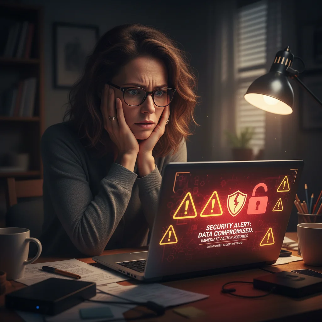 Anxious person reviewing data breach alert on laptop