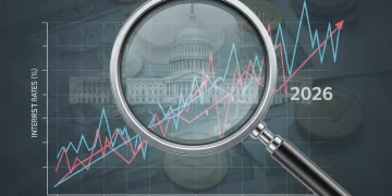 Magnifying glass over a financial chart with US dollars, symbolizing detailed analysis of personal loan rates in 2026.