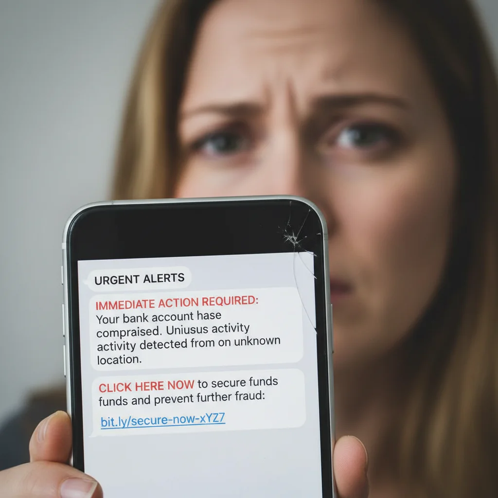 Suspicious text message with malicious link on smartphone screen
