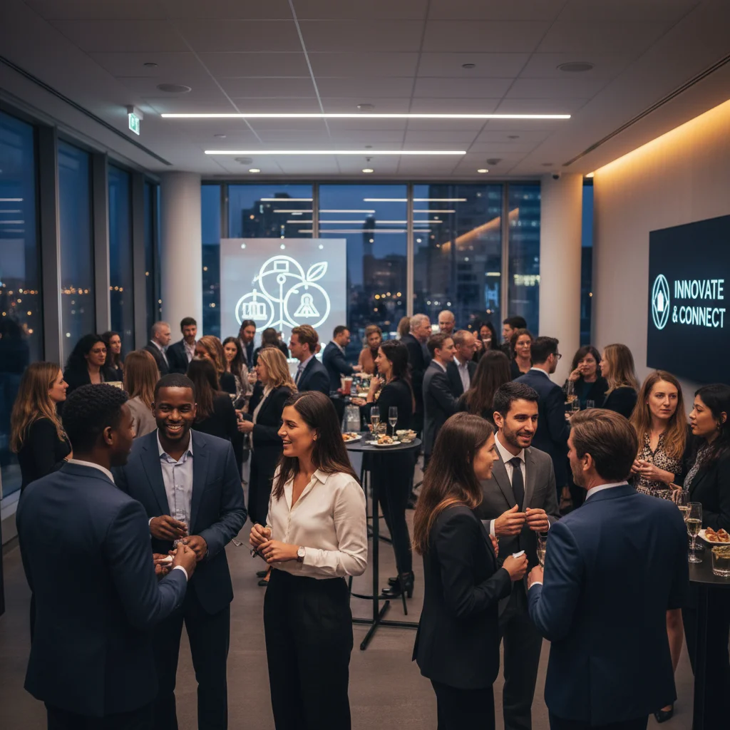 Diverse professionals actively networking at a career event