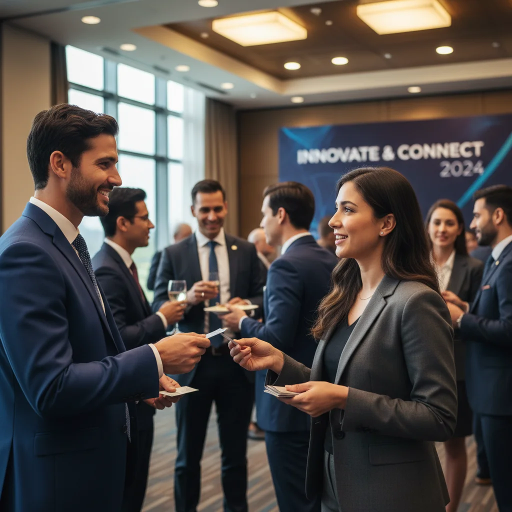 Professional networking at an industry event, exchanging business cards.