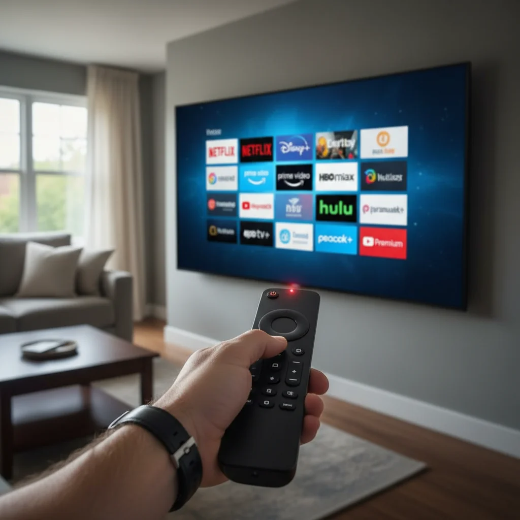 Hand holding remote, TV showing multiple streaming service logos, representing digital subscriptions.