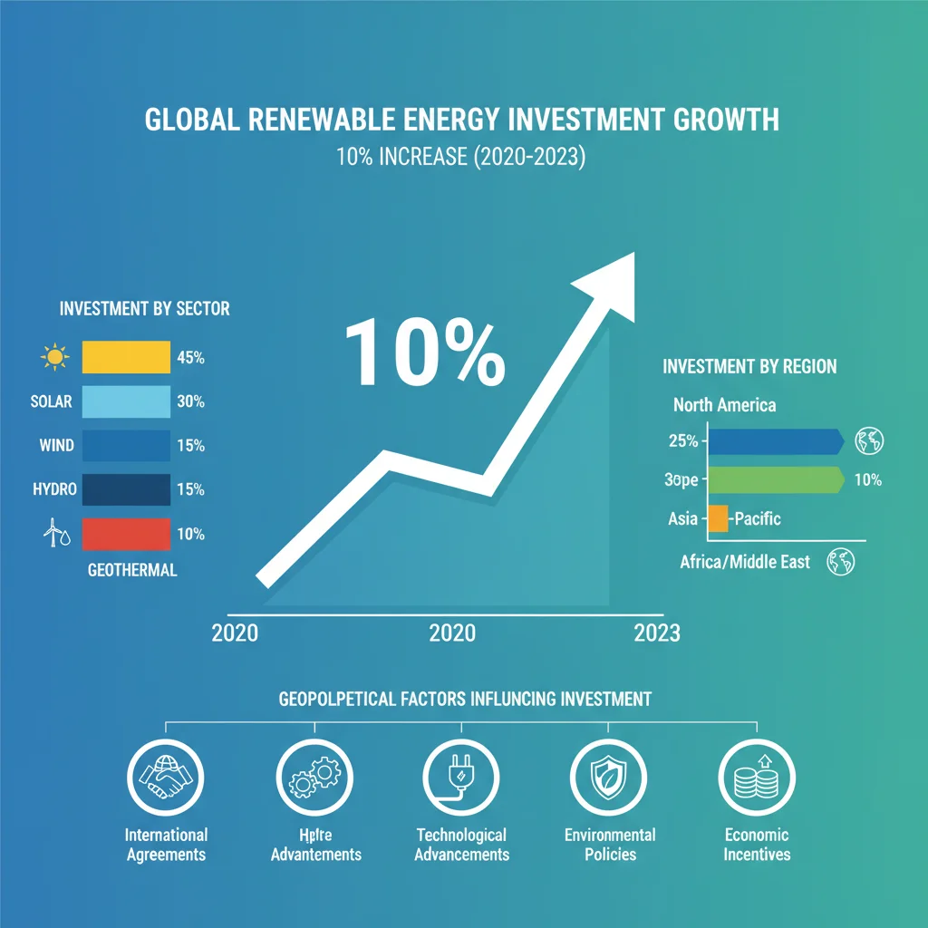 Infographic showing renewable energy investment growth by sector and region, with financial trends