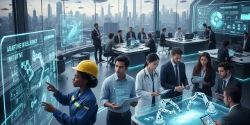 Professionals learning new skills for automation in a modern training center