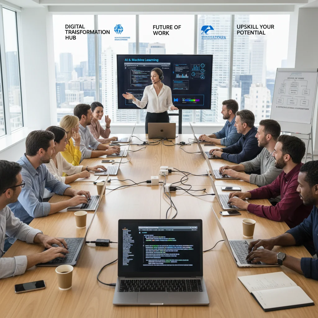 Workers engaging in AI and digital skills training for future job roles.