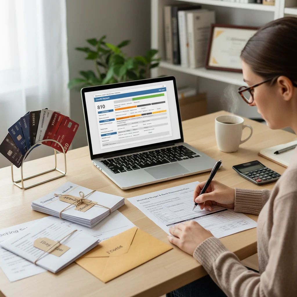 Individual managing credit cards and loan documents, demonstrating responsible financial behavior.
