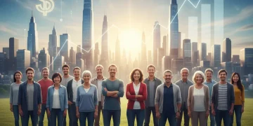 Diverse group looking optimistically towards a city skyline, symbolizing secure retirement investing for 2026.