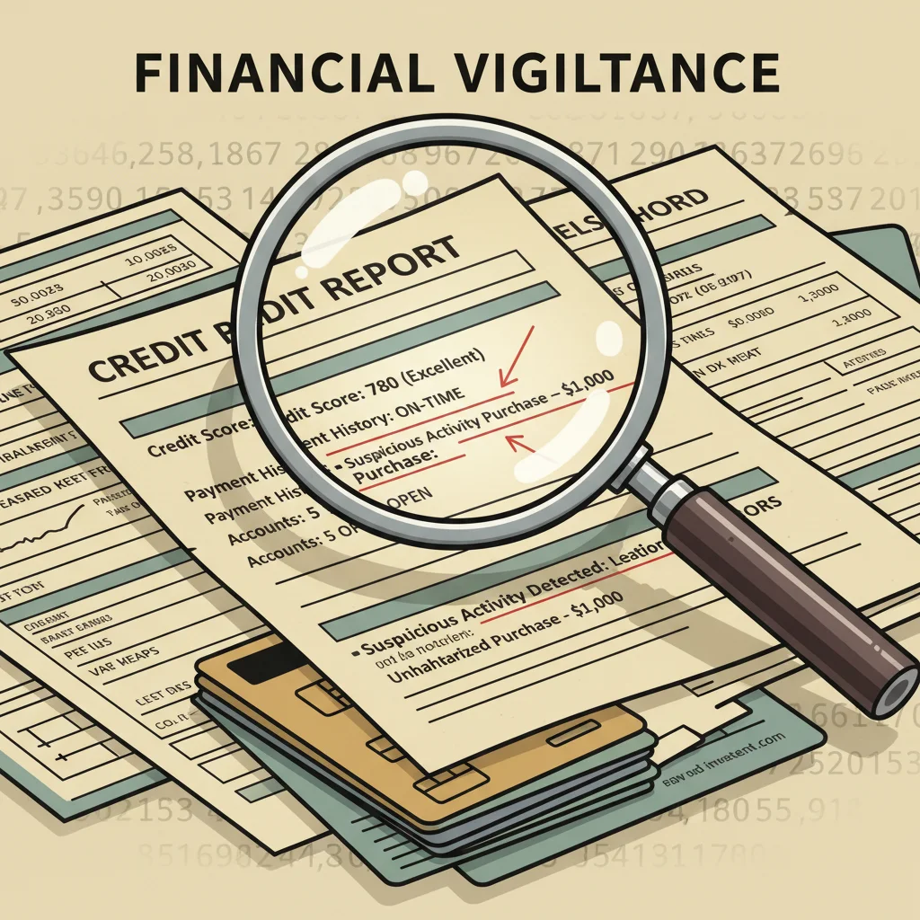 Magnifying glass examining a credit report for suspicious financial activity.