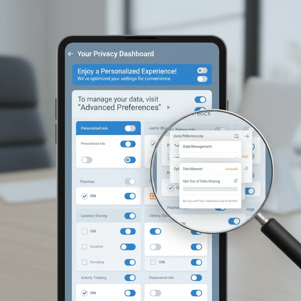 Complex privacy settings interface demonstrating Roach Motel dark pattern.