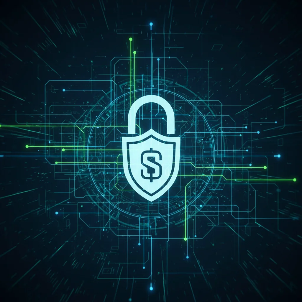 Icono de seguridad digital sobre una red de datos financieros interconectados.